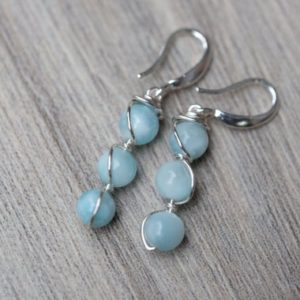 Shop Larimar Jewelry! SERENITY Genuine 6mm Larimar "Atlantis or Dolphin Stone" Silver Wire Wrapped Three Bead 925 Sterling Silver Gemstone Dangle Drop Earrings | Natural genuine Larimar jewelry. Buy crystal jewelry, handmade handcrafted artisan jewelry for women.  Unique handmade gift ideas. #jewelry #beadedjewelry #beadedjewelry #gift #shopping #handmadejewelry #fashion #style #product #jewelry #affiliate #ad