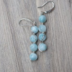 Shop Larimar Jewelry! SERENITY Genuine 6mm Larimar "Atlantis or Dolphin Stone" Silver Wire Wrapped Four Bead 925 Sterling Silver Gemstone Dangle Drop Earrings | Natural genuine Larimar jewelry. Buy crystal jewelry, handmade handcrafted artisan jewelry for women.  Unique handmade gift ideas. #jewelry #beadedjewelry #beadedjewelry #gift #shopping #handmadejewelry #fashion #style #product #jewelry #affiliate #ad