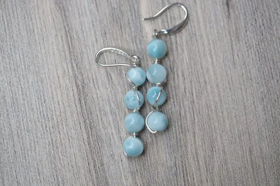 Serenity Genuine 6mm Larimar "atlantis Or Dolphin Stone" Silver Wire Wrapped Four Bead 925 Sterling Silver Gemstone Dangle Drop Earrings