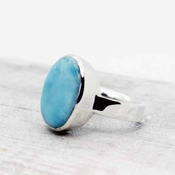 Bright Blue Larimar Ring Oval Shape Simple Genuine Larimar Cab Stone Set On 925 Sterling Silver Great Quality Nickel Free Silver
