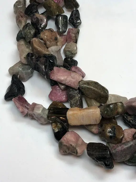 Mixed Tourmaline Gemstone Raw 10x14mm Nugget Beads On A Full 15" Strand. Raw Semi-matte Tourmaline In Black, Green & Pink.