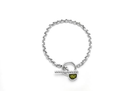 Moldavite Bracelet, Meteorite Bracelet, Bold Sterling Silver Toggle Clasp Bracelet With Gemstone, Chunky Rolo Chain Bracelet