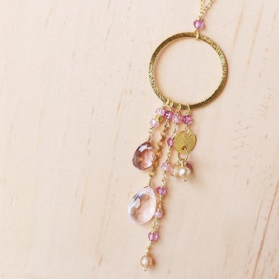 Pink Gemstone Pendant Delicate Gold Chain Statement Necklace For Women