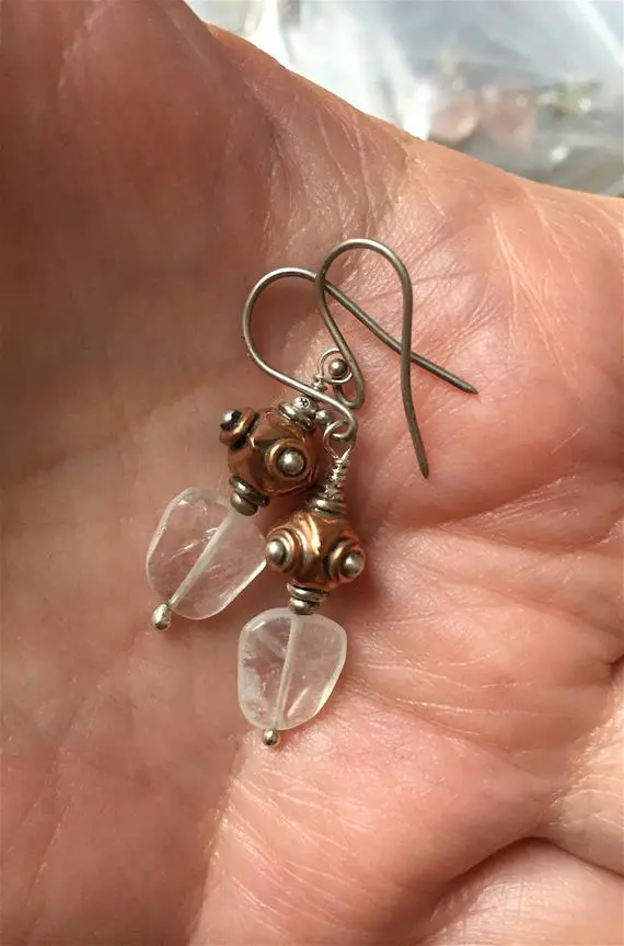 Moonstone Earrings, Copper Earrings, Silver Bali Bead Dangle Earrings, Moonstone Dangle Earrings, Steampunk Earrings, Artisan Earrings