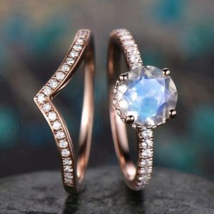 Natural moonstone ring gold vintage 2pc moonstone engagement ring set rose gold under halo moissanite matching crown wedding bridal ring set | Natural genuine Array jewelry. Buy handcrafted artisan wedding jewelry.  Unique handmade bridal jewelry gift ideas. #jewelry #beadedjewelry #gift #crystaljewelry #shopping #handmadejewelry #wedding #bridal #jewelry #affiliate #ad
