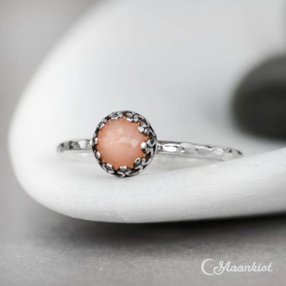 Peach Moonstone Ring, Sterling Silver Moonstone Promise Ring, Orange Gemstone Ring, June Birthstone Ring | Moonkist Designs