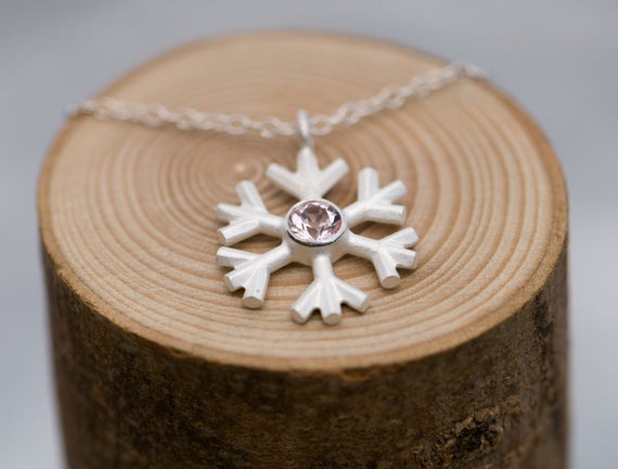 Morganite Snowflake Pendant In Silver, Christmas Gift For Her Snowflake Necklace