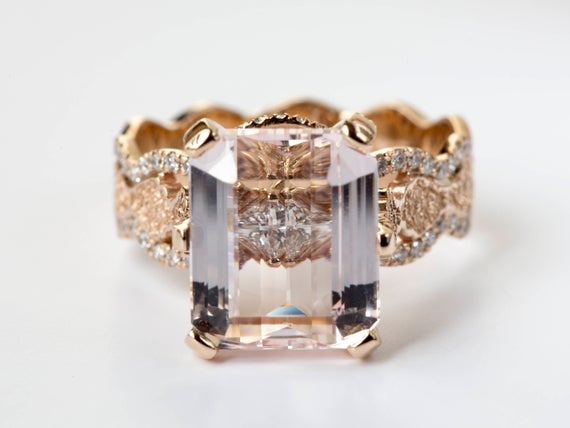 Award-winning Morganite Engagement Ring, Rose Gold Diamond Engagement Ring, Unique Lace Engagement Ring, Glamorous Ring, Hidden Diamond Halo