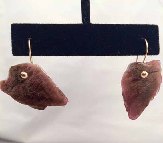 Natural Rough Pink Tourmaline And 14k Earrings