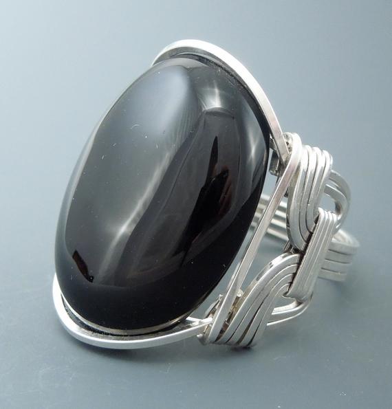 Handcrafted Sterling Silver Large Black Onyx Cabochon Wire Wrapped Ring