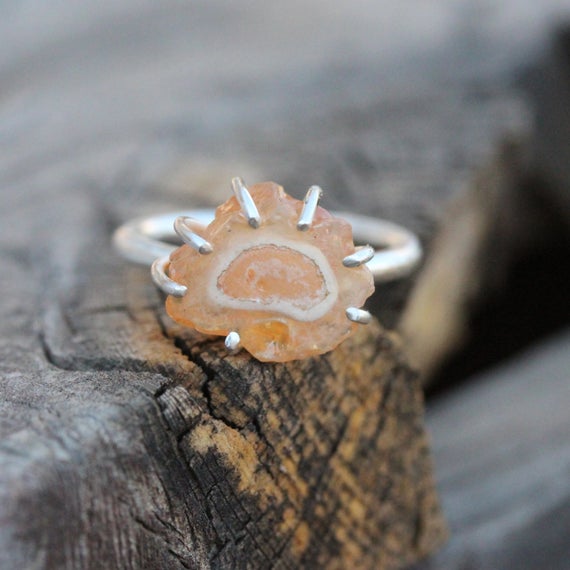 Peach Colored Rough Fire Opal Silver Ring Pale Orange Unique Statement Design Summer Boho Gift Idea Her Prong Set Freeform - Jelly Amoeba