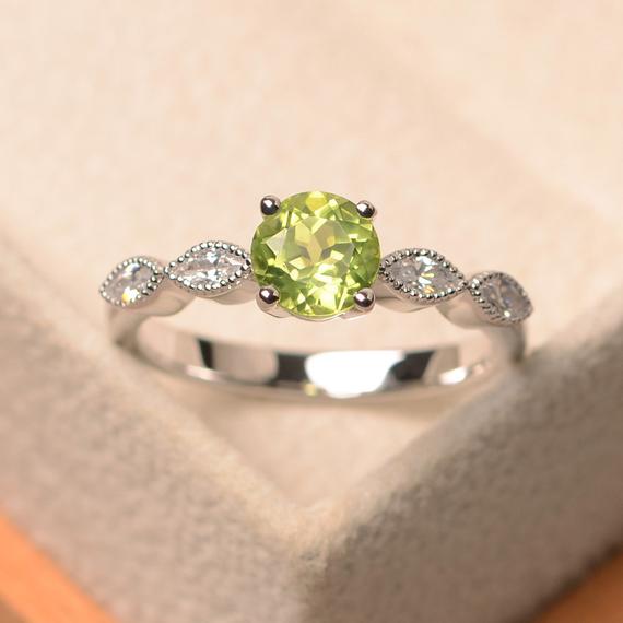 Natural Peridot Ring, August Birthstone, Round Cut Green Gemstone, Solid Silver Ring, Anniversary Ring