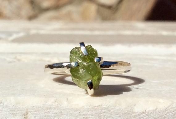 Raw Peridot Silver Prong Ring, Gemstone Claw Ring, Raw Stone Ring, Gift For Her
