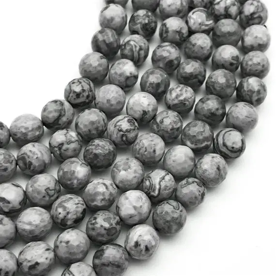 10mm Faceted Gray Picture Jasper Beads, Round Gemstone Beads, Wholesale Beads
