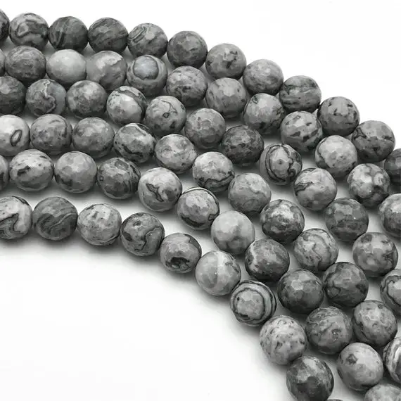 8mm Faceted Gray Picture Jasper Beads, Round Gemstone Beads, Wholesale Beads