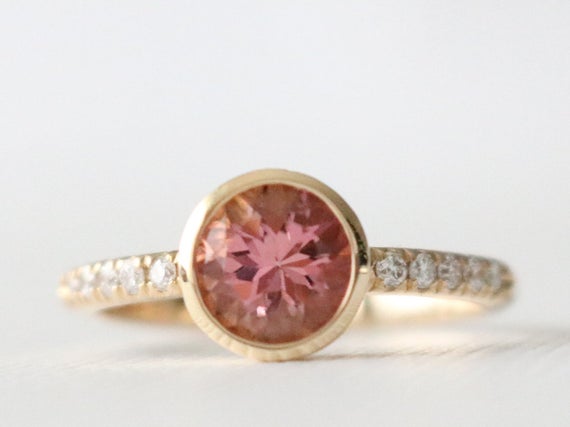Pink Tourmaline Bezel Diamond Ring, Pink Tourmaline Ring, Tourmaline Ring, Tourmaline Jewelry, Tourmaline Engagement In 14k Yellow Gold