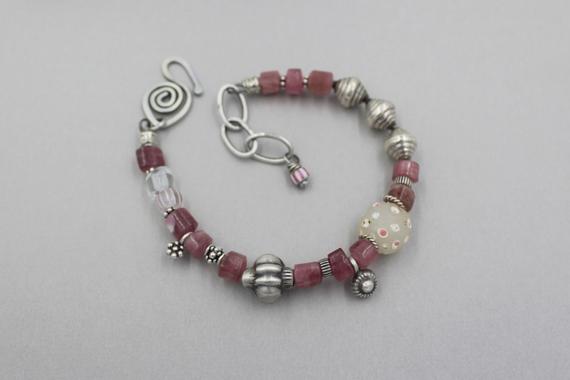 Pink Tourmaline Bracelet, Antique Trade Bead Bracelet, Antique Silver Beads, Pink Gemstone Mixed Bead Funky Bracelet, With Handmade Clasp