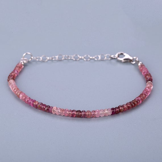 Pink Tourmaline Bracelet, Handmade Sterling Silver Bracelet, Emotional Healing Jewelry, Pink Gemstone Bracelet, Adjustable Beads Bracelet