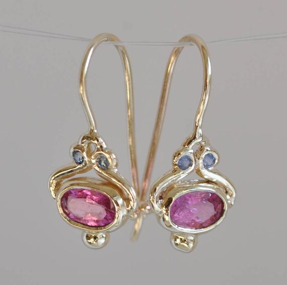 Pink Tourmaline Earring,blue Sapphire Earring,gold Drop Earrings,14k Solid Gold Dangle Earring,everyday Earrings For Woman,oval Tourmaline