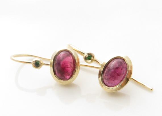 Pink Tourmaline Earrings, Tourmaline And Gold Earrings, 14k Solid Gold Earrings,pink Tourmaline And Tsavorite Earrings