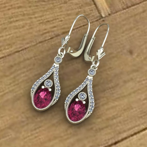 Oval Pink Tourmaline And Diamond Vintage Inspired Drop Earrings On Lever Backs In 14k White Gold - An Original Design By Charles Babb