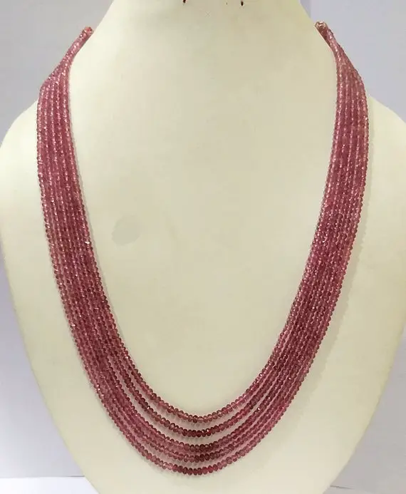 Pink Tourmaline Necklace, Natural Pink Tourmaline Rondelle Faceted Beads,israel Cut Tourmaline Beads Necklace, 5 Strand Jewelry Necklace