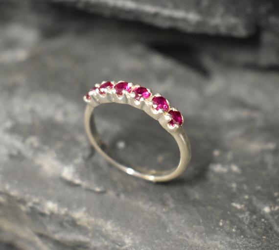 Ruby Ring, Created Ruby, Half Eternity Ring, Stackable Ring, Ruby Band, Red Diamond Ring, Dainty Ruby Band, Minimalist Ring, Sterling Silver