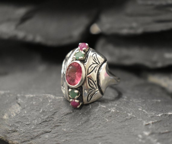 Pink Tourmaline Ring, Natural Tourmaline, October Birthstone, Multistone Ring, Tribal Ring, Silver Shield Ring, Pink Ring, Solid Silver Ring