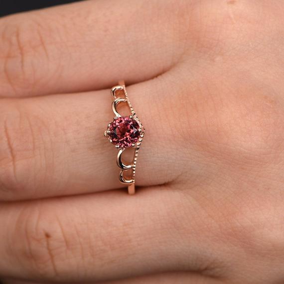 Pink Tourmaline Ring Rose Gold Unique Tourmaline Engagement Ring Filigree Ring Antique Wedding Band 5mm Round Solitaire Ring 6 Prongs 14k