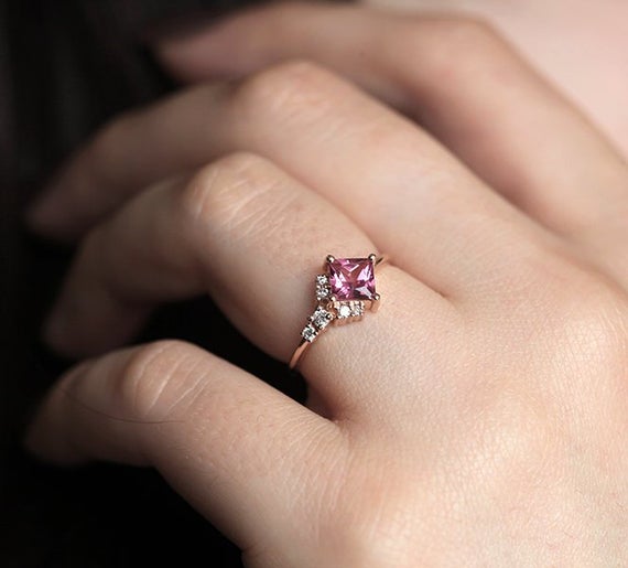Pink Tourmaline Ring, Rose Gold Tourmaline Ring With Diamonds, Asymmetrical Cluster Ring, Pink Engagement Ring