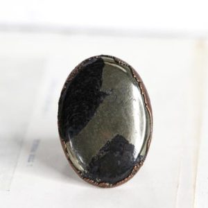 Shop Pyrite Rings! Big Stone Ring – Size 9 – Apache Pyrite Cabochon – Pyrite Ring – Natural Stone Ring | Natural genuine Pyrite rings, simple unique handcrafted gemstone rings. #rings #jewelry #shopping #gift #handmade #fashion #style #affiliate #ad