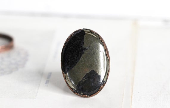 Big Stone Ring - Size 9 - Apache Pyrite Cabochon - Pyrite Ring - Natural Stone Ring