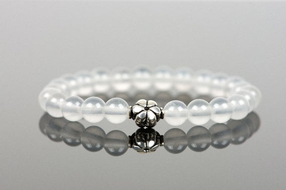 Milky Quartz Genuine Gemstone Bracelet With A Sterling Silver Flower, White Gemstone Bracelet, Handmade Jewelry