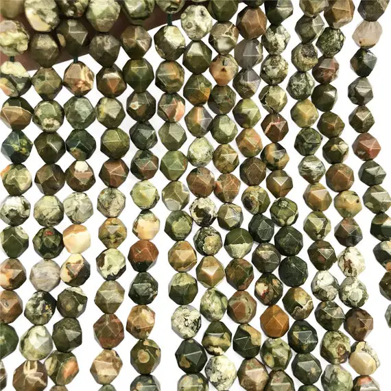 Faceted Green Rhyolite Beads, Star Cut Beads, Gemstone Beads, 8mm, 10mm