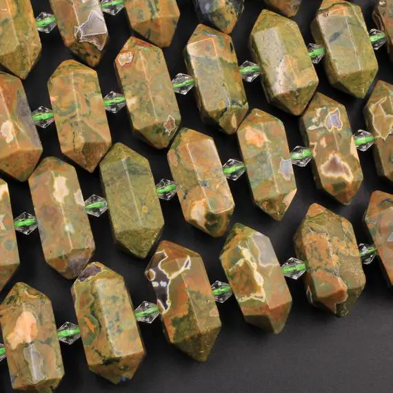 Natural Rainforest Rhyolite Jasper Faceted Double Terminated Pointed Tips Center Drilled Healing Focal Pendant Bead 15.5" Strand