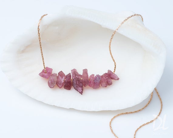 Raw Pink Tourmaline Necklace - Tourmaline Bar Necklace - Rough Stone Necklace - Layering Necklace - October Birthstone Jewelry