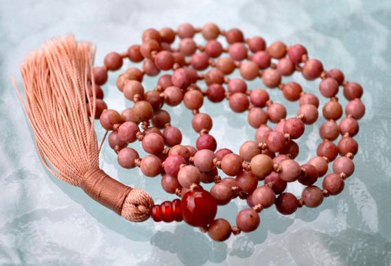 6 Mm  Pink Rhodonite Hand Knotted Mala Beads Necklace - Compassion, Emotional Healer,forgiveness,release Of Fear, Rhodonite Jewelry,