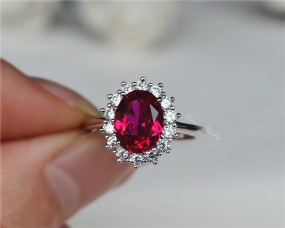 2ct Halo Ruby Ring/oval Cut Ruby Engagement Ring/ Sterling Silver Promise Ring For Women/ Red Gemstone Anniversary Ring/ Gift For Her