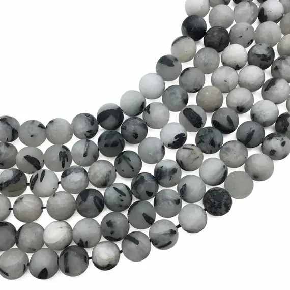 10mm Matte Black Rutilated Quartz Beads, Round Gemstone Beads, Wholesale Beads