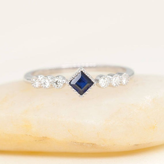 14k Sapphire Diamond Wedding Ring / Sapphire Engagement Ring / Diamond Bridal Ring / Minimalist Wedding Ring / White Gold / Promise Ring