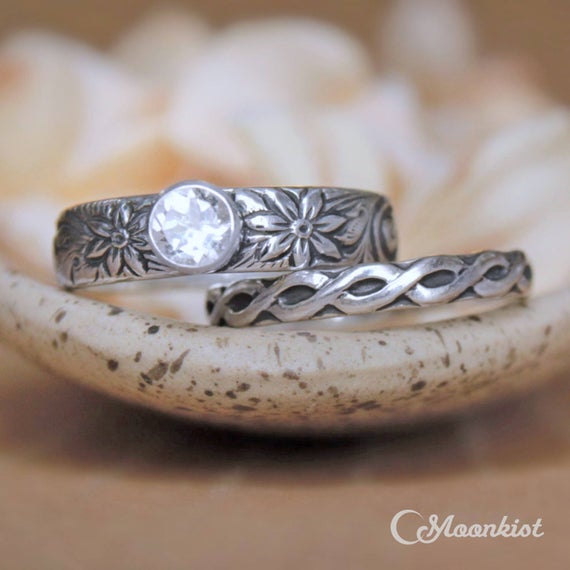 Celtic Engagement Ring Set, Sterling Silver Celtic Wedding Ring Set, Floral Wedding Band Set | Moonkist Designs