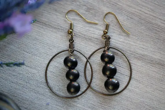 Petrovsky Or Black Shungite Earrings Antique Brass 8mm Emf Protection Dangle, Hoop, Drop With Sterling Silver, Gunmetal Options