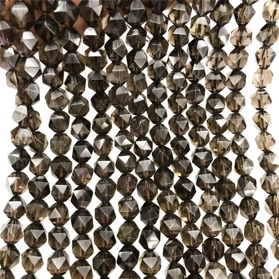 Faceted Smoky Quartz Beads, Star Cut Beads, Gemstone Beads, 8mm, 10mm