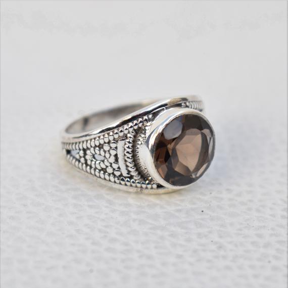 Natural Smoky Quartz Ring-handmade Silver Ring-925 Sterling Silver Ring-round Smoky Quartz Designer Ring-capricorn Birthstone-promise Ring