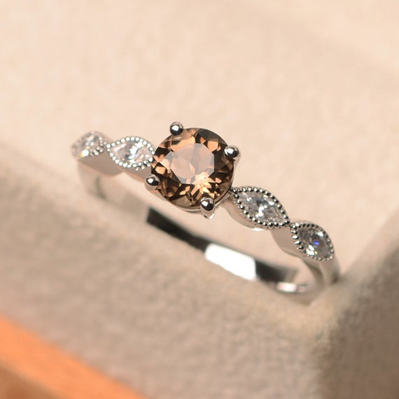 Smoky Quartz Ring, Round Cut Gemstone Ring, Brown Gemstone Ring, Promising Ring For Woman