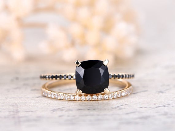 7mm Cushion Cut Black Spinel Ring Set,2pcs Solid 14k Yellow Gold Engagement Ring,south African Diamond Ring,deco Wedding Promise Ring Set