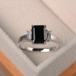 Anniversary ring, natural black spinel ring, emerald cut black gemstone, sterling silver ring,three stones ring | Natural genuine Gemstone rings, simple unique handcrafted gemstone rings. #rings #jewelry #shopping #gift #handmade #fashion #style #affiliate #ad