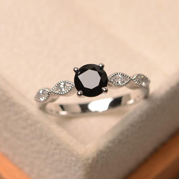 Natural Black Spinel Ring, Sterling Silver Ring, Black Gemstone Ring, Round Cut Gemstone, Proposal Ring