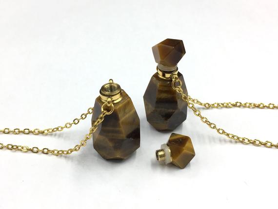 Faceted Tiger Eye Perfume Necklace Bottle Pendant Tiger Stone Gemstone Essential Oil Bottle Crystal Perfume Diffuser Scent Bottle Pendant