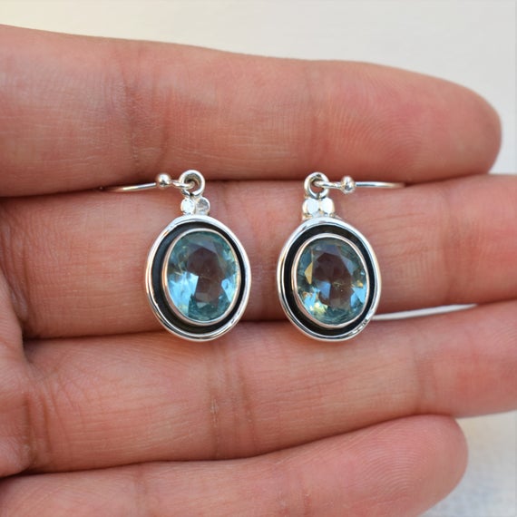 Natural Blue Topaz Earrings, Handmade 925 Sterling Silver Earrings, Oval Topaz Designer Earrings, Gift For Mother,  Birthday Earring